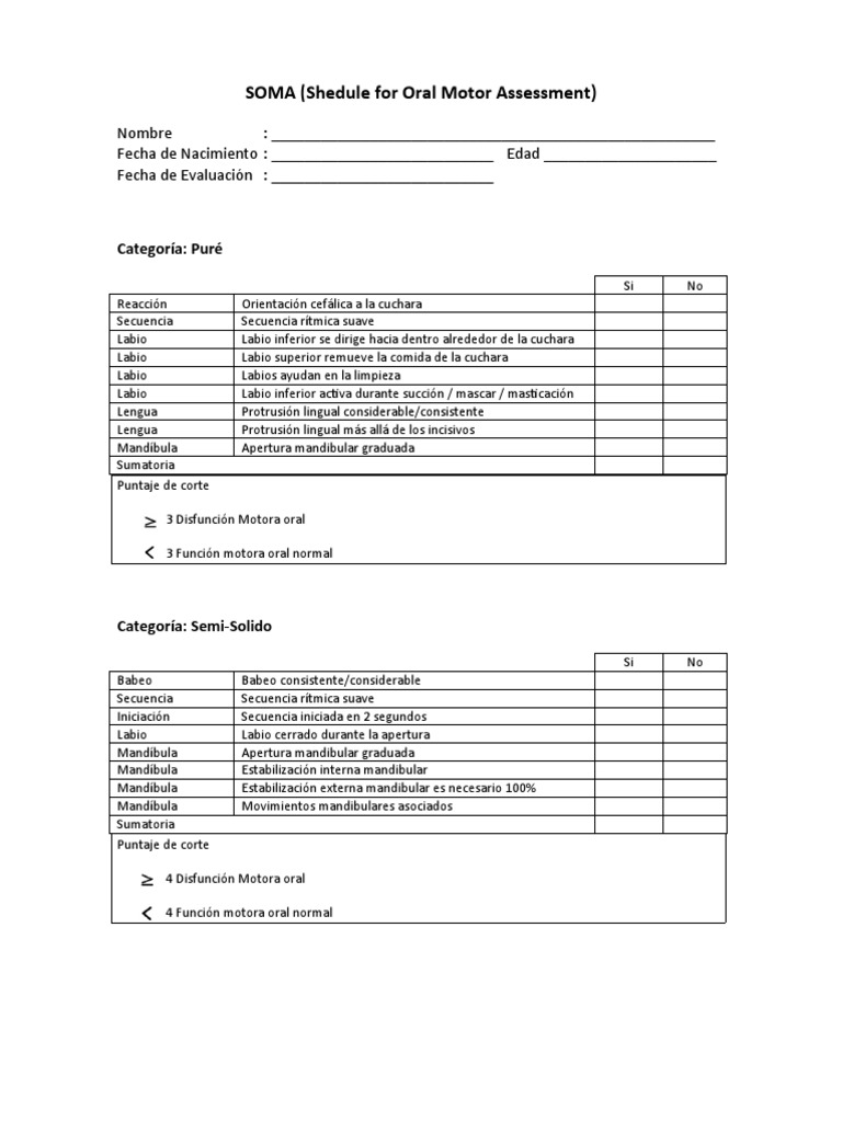 SOMA (Shedule For Oral Motor Assessment) PDF Lengua Boca