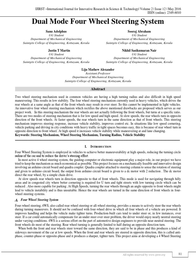 Dual Mode Four Wheel Steering System Sanu Adolphus Sooraj Abraham