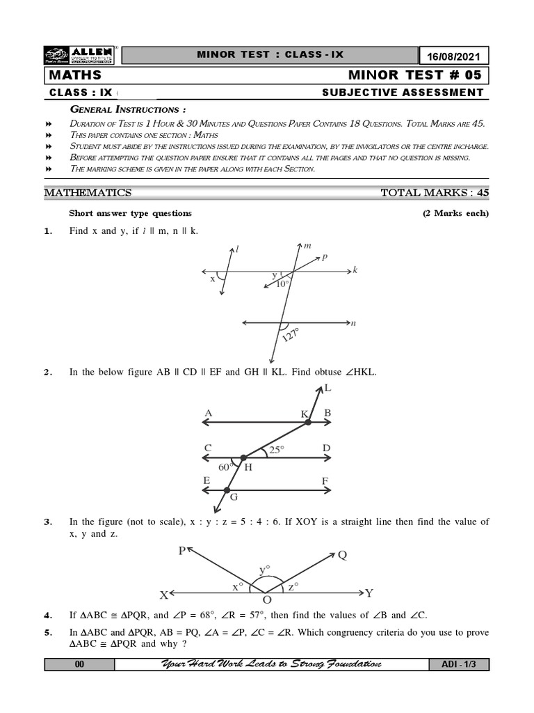 Maths Minor Test # 05: Mathematics Total Marks: 45 | PDF | Triangle ...