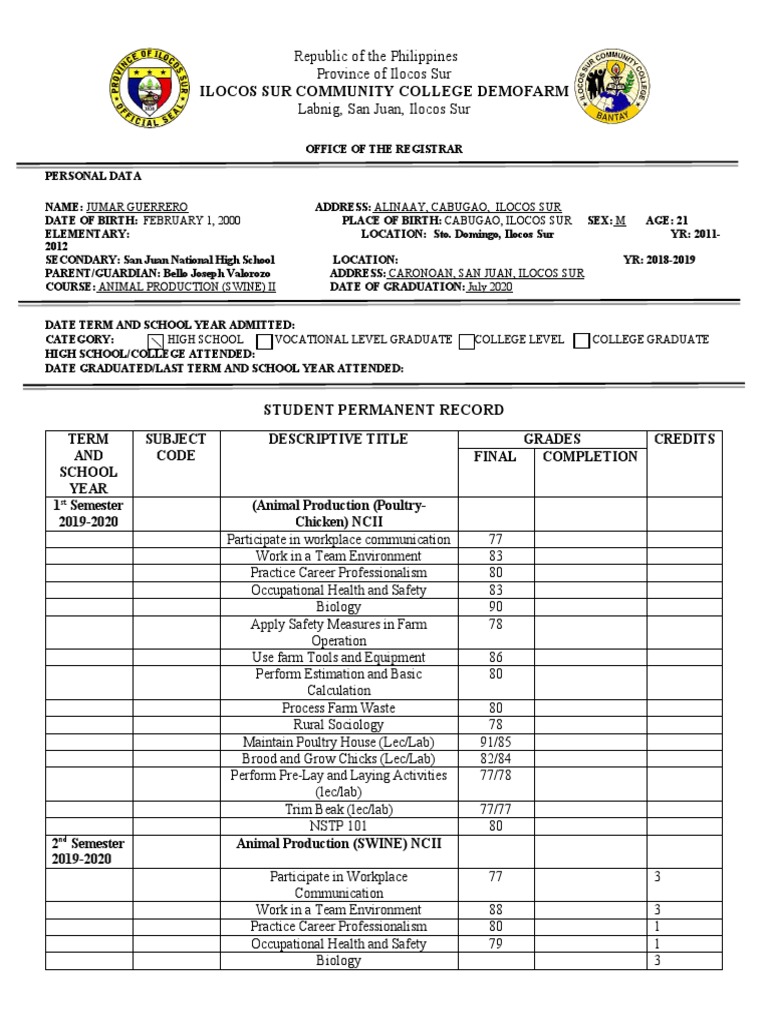 Student Permanent Record PDF College Farms