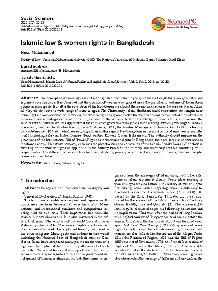 Islamic Law & Women Rights in Bangladesh Social Sciences PDF Women