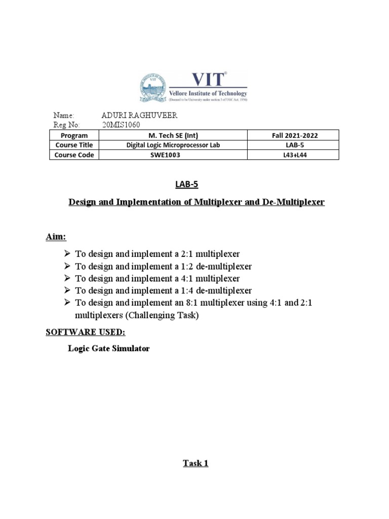 LAB-5 Design and Implementation of Multiplexer and De-Multiplexer | PDF ...