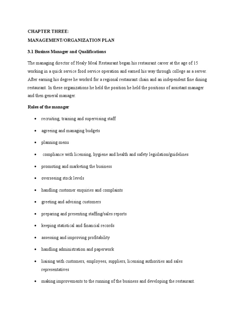 Chapter three management organization plan 3 1 businss manager and
