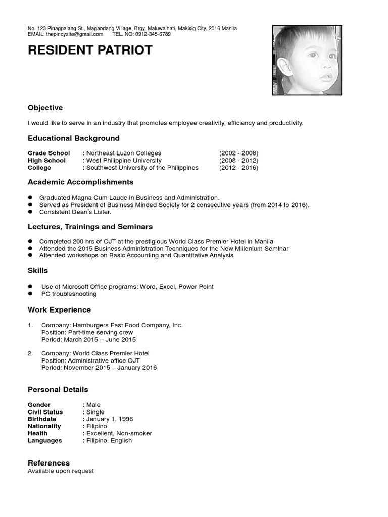 The Pinoy Site Resume Sample Newly Grad | PDF