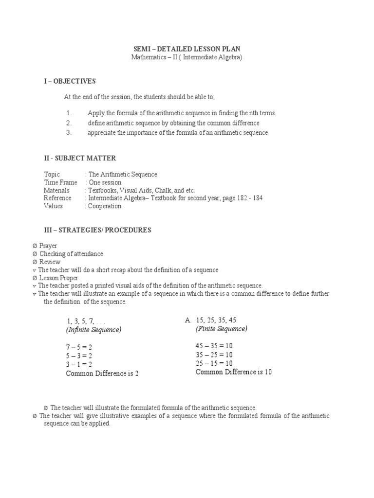 SEMI - DETAILED - LESSON - PLAN Arithmetic Sequence | PDF | Sequence ...
