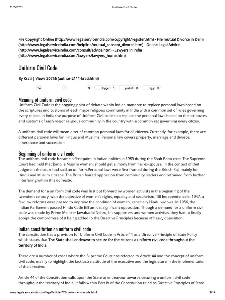 Uniform Civil Code PDF Social Institutions Social Science