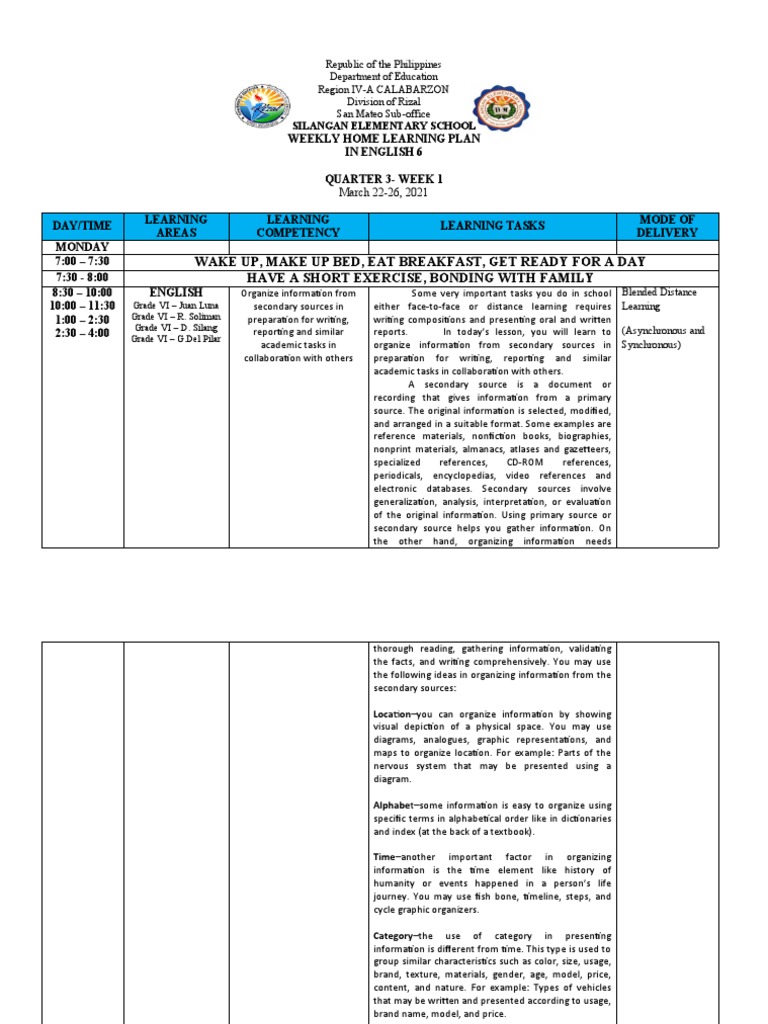 Weekly Home Learning Plan: English 6 | PDF | Information | Books