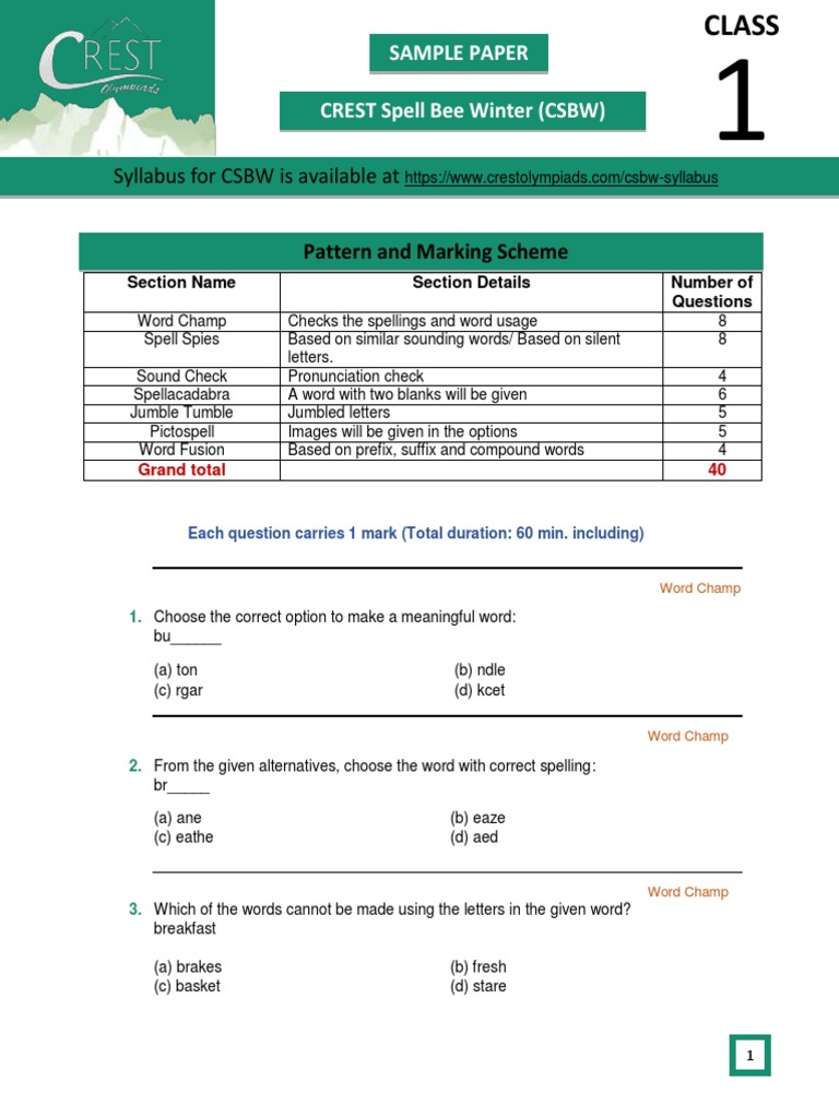Class 1 Spell Bee Sample Paper | PDF | Linguistics
