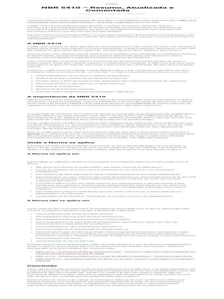 NBR 5410: Resumo e Importância | PDF | Fiação elétrica | Eletricidade