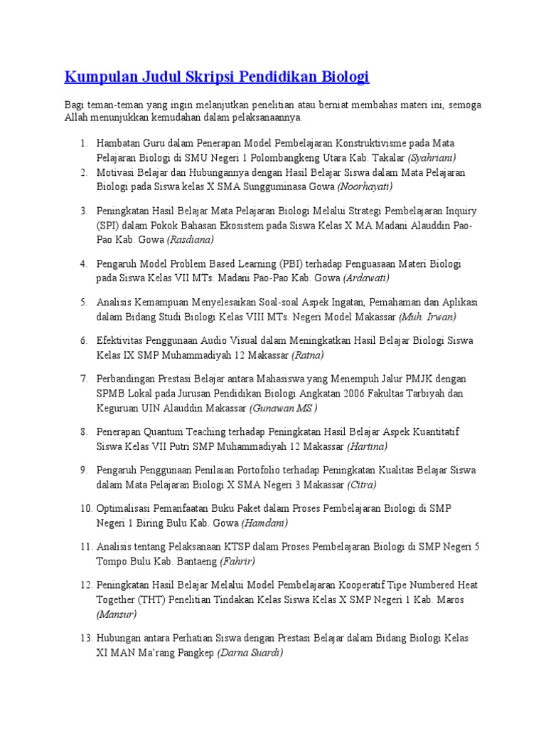 Kumpulan Judul Skripsi Pendidikan Biologi