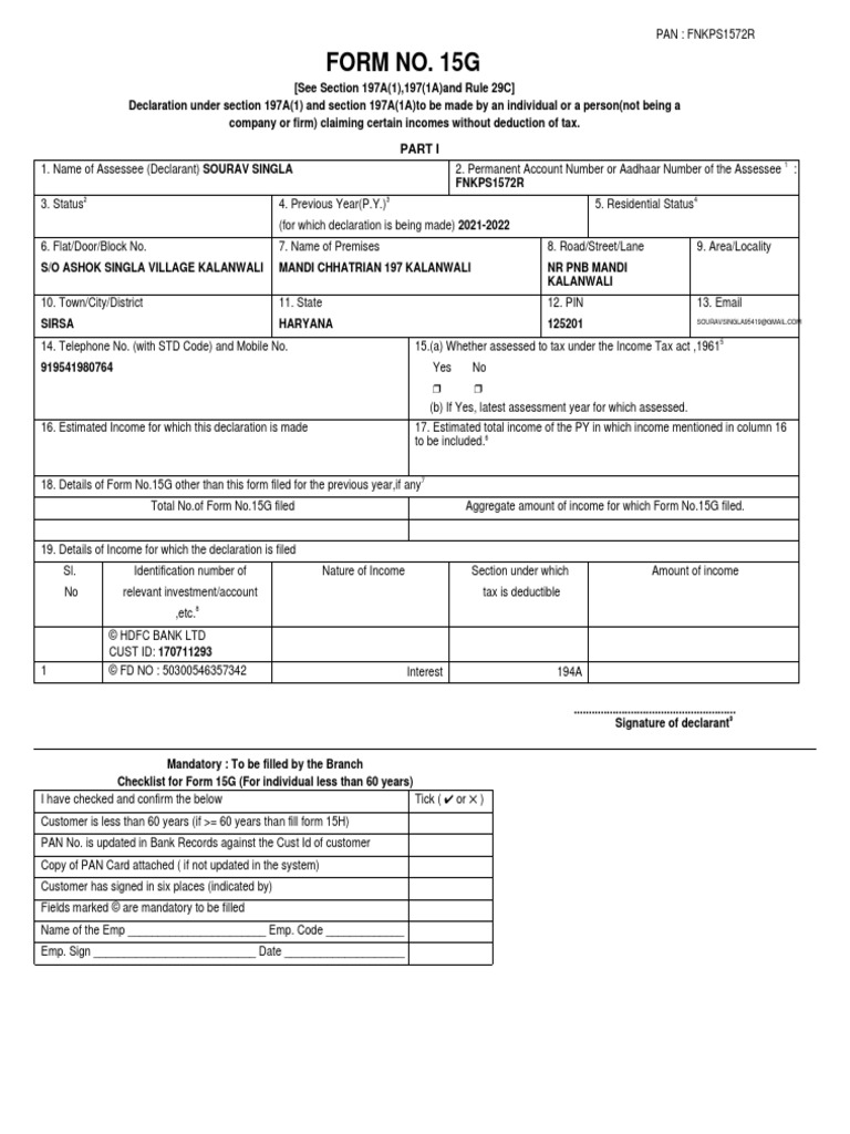 15 G Form (Pre-Filled) | PDF | Income Tax | Taxes
