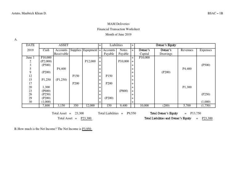 Financial Transaction Worksheet Example | PDF | Equity (Finance ...