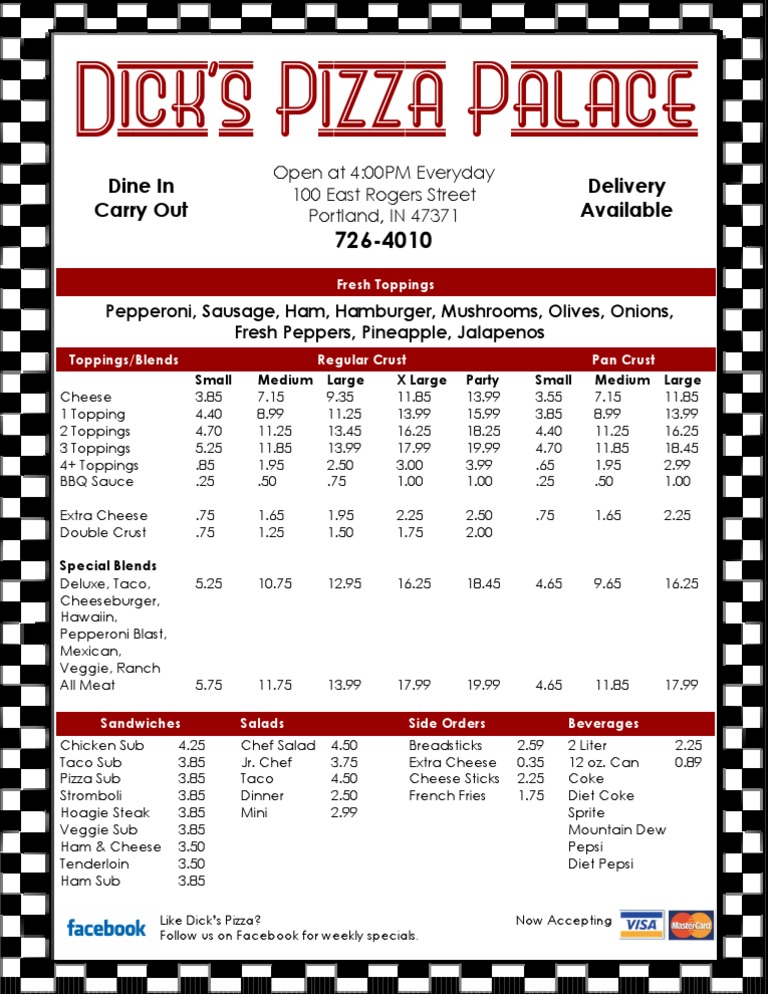 Dick's Pizza Palace Menu PDF
