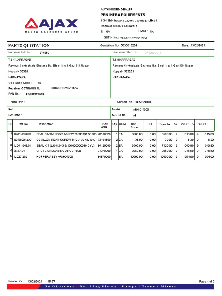 Parts Quotation for PRN Infra | PDF | Market (Economics) | Public Finance