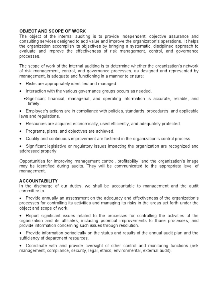 Scope of Internal Audit Internal Audit Audit Committee