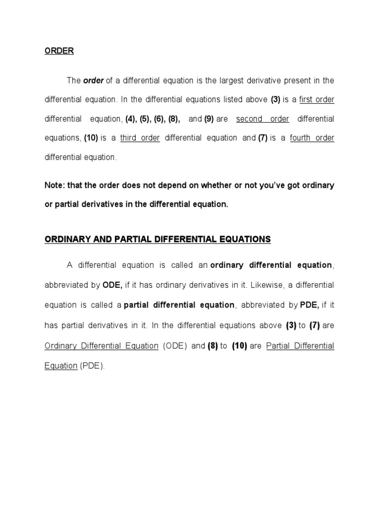Order and Ordinary and Partial Differential Equations | PDF