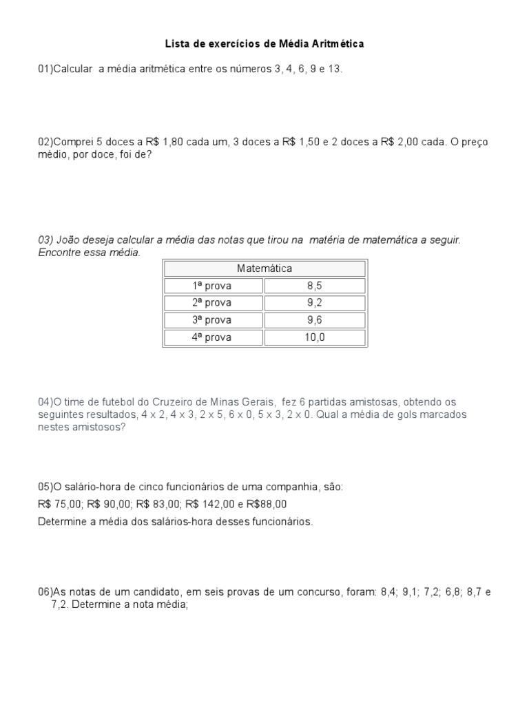 Lista de exercícios de Média Aritmética
