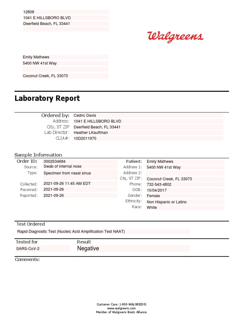 Walgreens COVID-19 Test Results Report | PDF