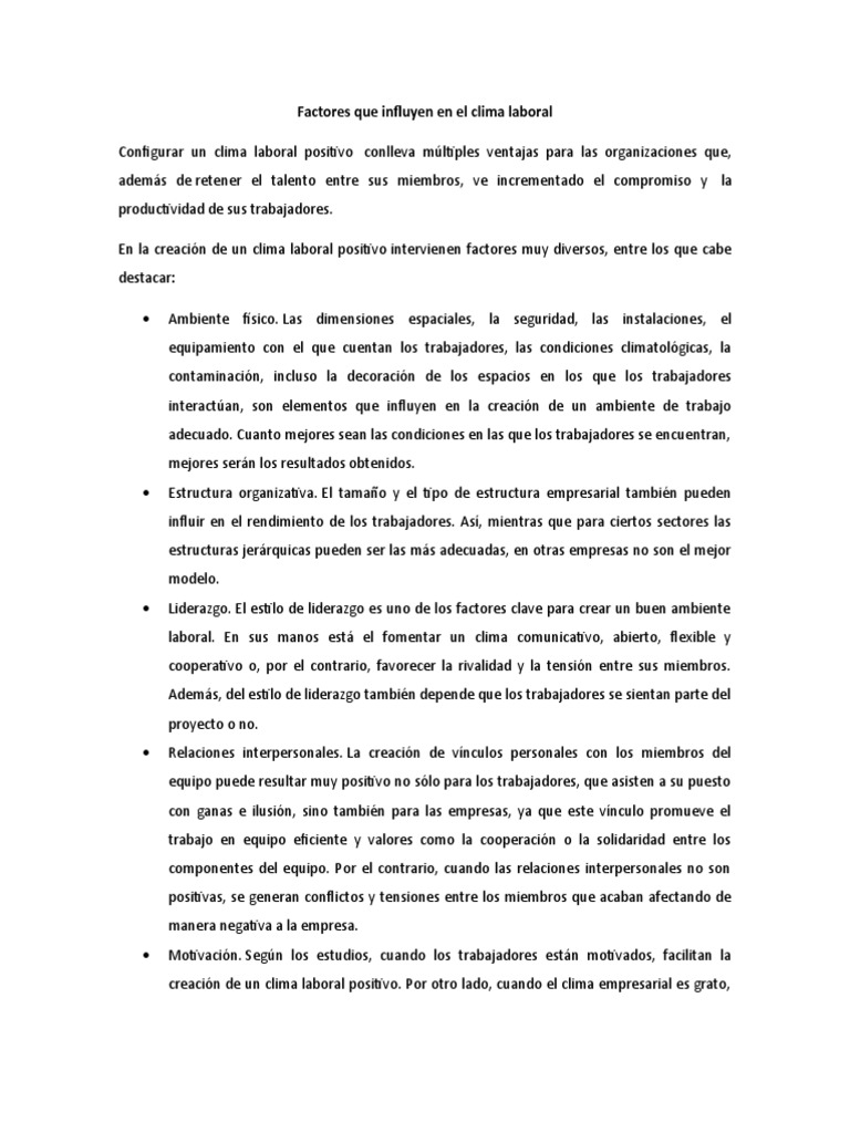 Factores que influyen en el clima laboral | PDF | Liderazgo | Economias