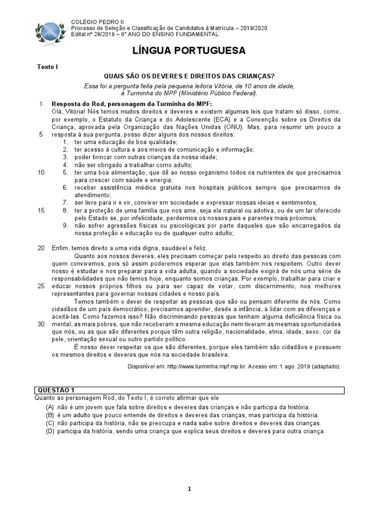 Prova 6º Ano Colégio Pedro II 2023 | PDF