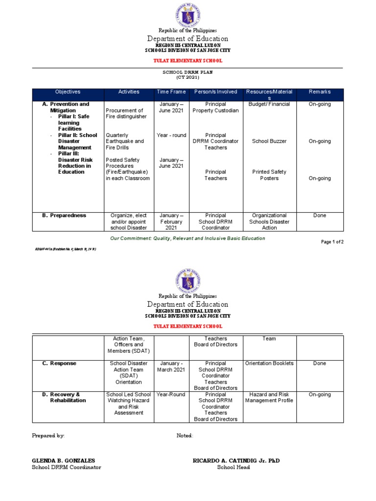 School DRRM Plan 2021 PDF Emergency Management Civil Defense