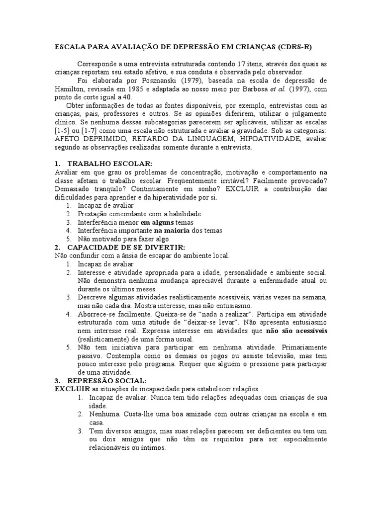 Avaliação de Depressão Infantil (CDRS-R) | PDF | Depressão | Suicídio