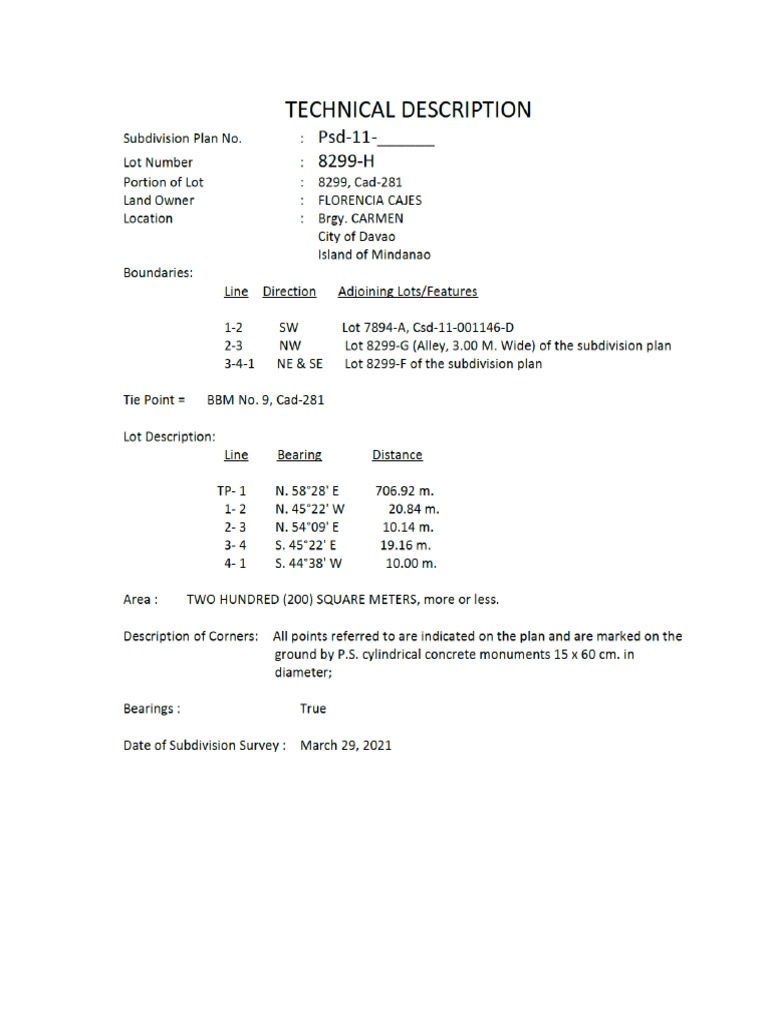Advance Technical Description of Lot 8299H (Portion of Lot 8299, Cad