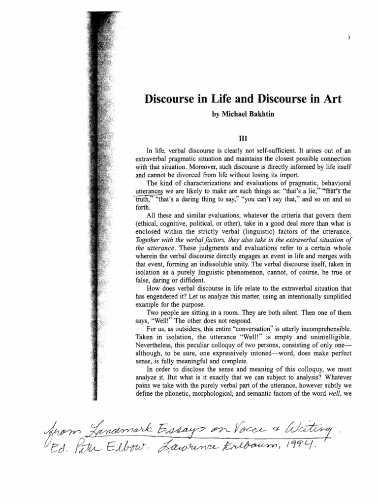 Bakhtin, Michael, 'Discourse in Life and Discourse in Art' PDF