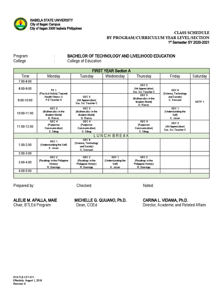 BTLEd Class Schedule Per Year Level | PDF | Academic Term | Physical ...