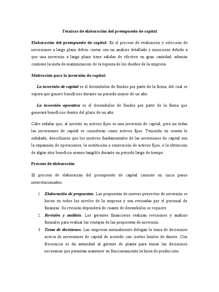 Técnicas de Elaboración Del Presupuesto de Capital | PDF | Tasa interna ...