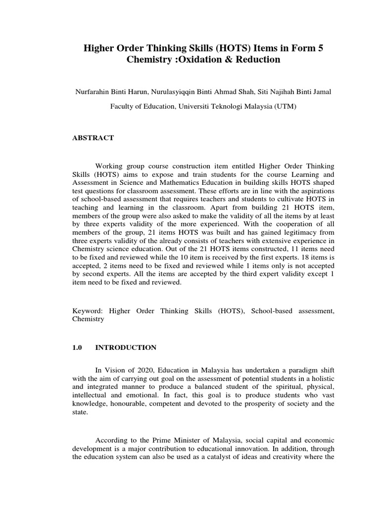 Higher Order Thinking Skills Hots Items Pdf Redox Validity Statistics