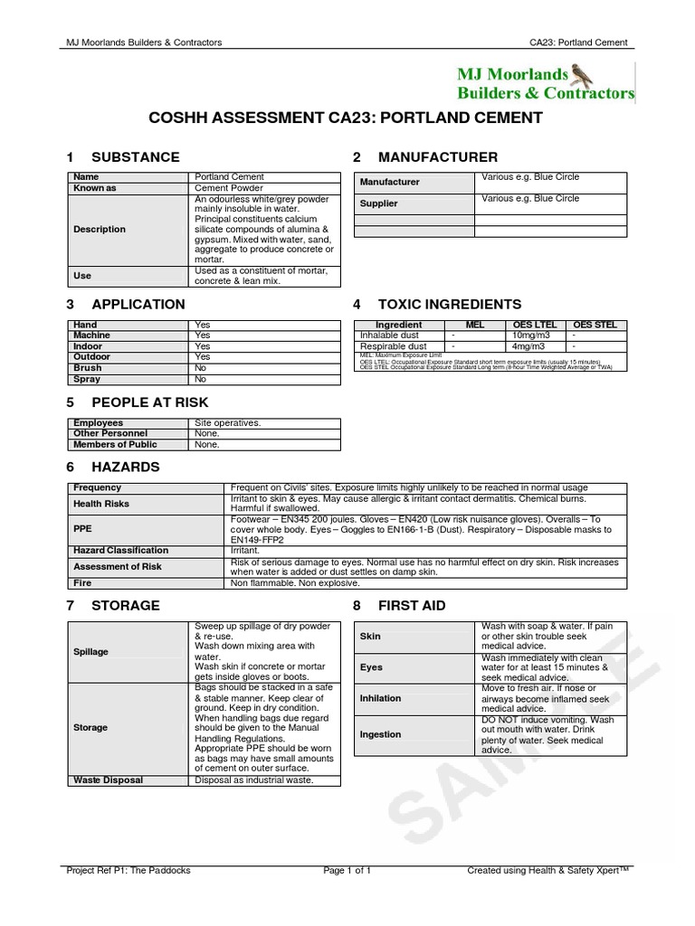 Coshh assessmentCA23 PDF Cement Concrete