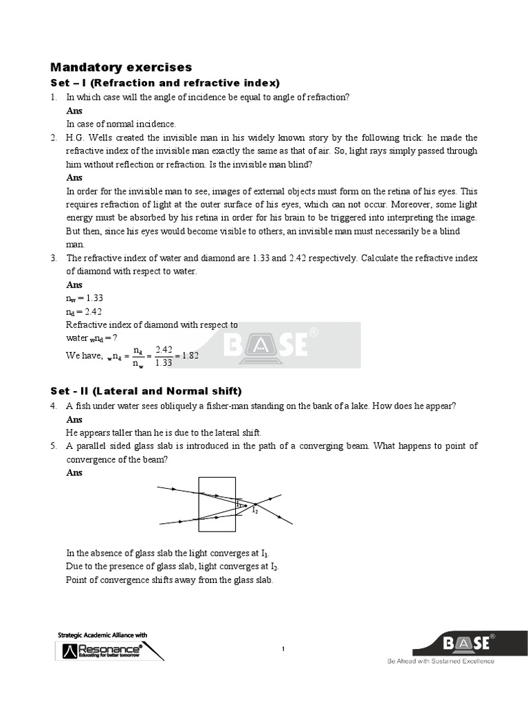 Refraction and Refractive Index Exercises | PDF | Refraction ...