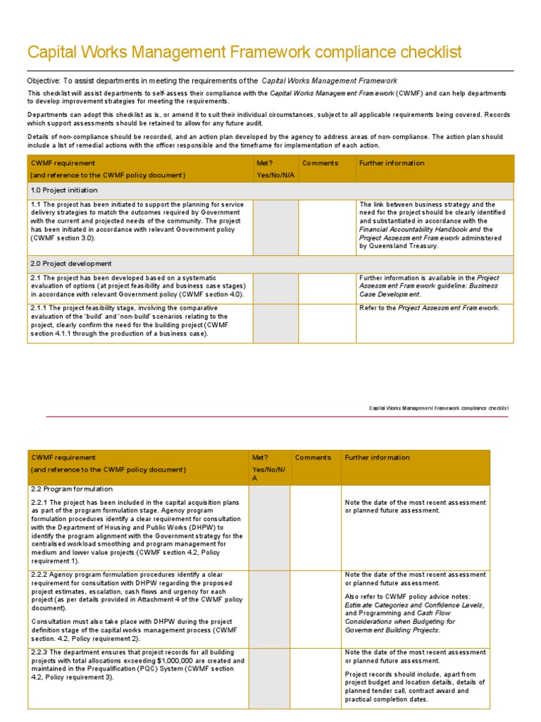 Capital Works Management Framework Compliance Checklist PDF Regulatory Compliance Evaluation