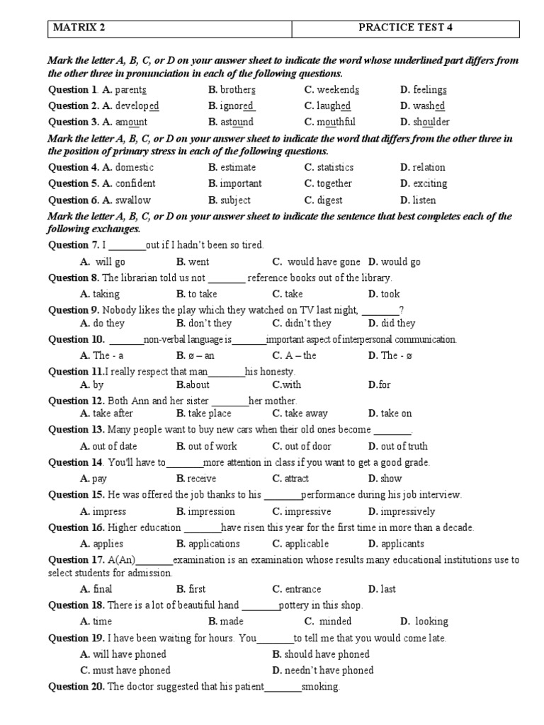 Matrix 2 Practice Test Answers | PDF | University And College Admission