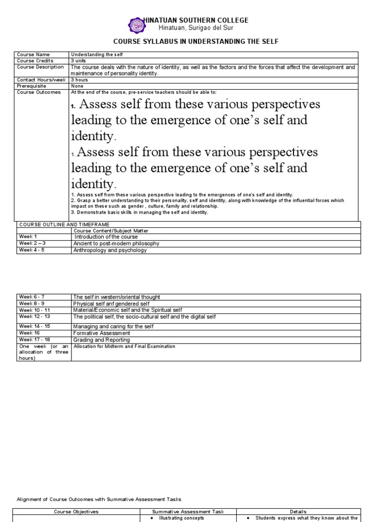 Understanding the Self Course Syllabus | PDF | Educational Assessment ...