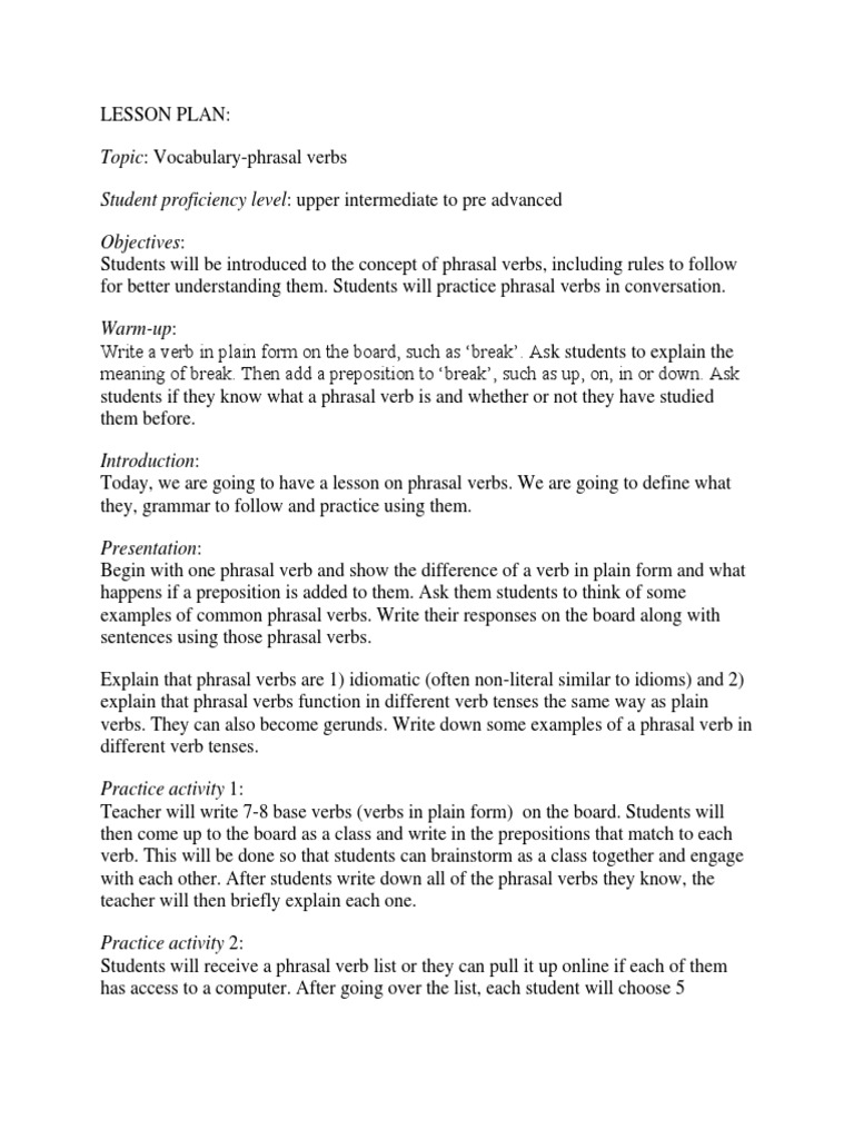Phrasal Verbs Lesson Plan for ESL | PDF | Phrase | Verb