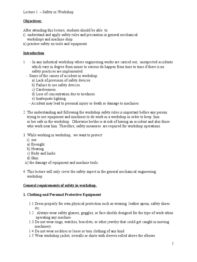 UOW - Lecture 1-Safety in Workshop | PDF | Safety | Personal Protective ...