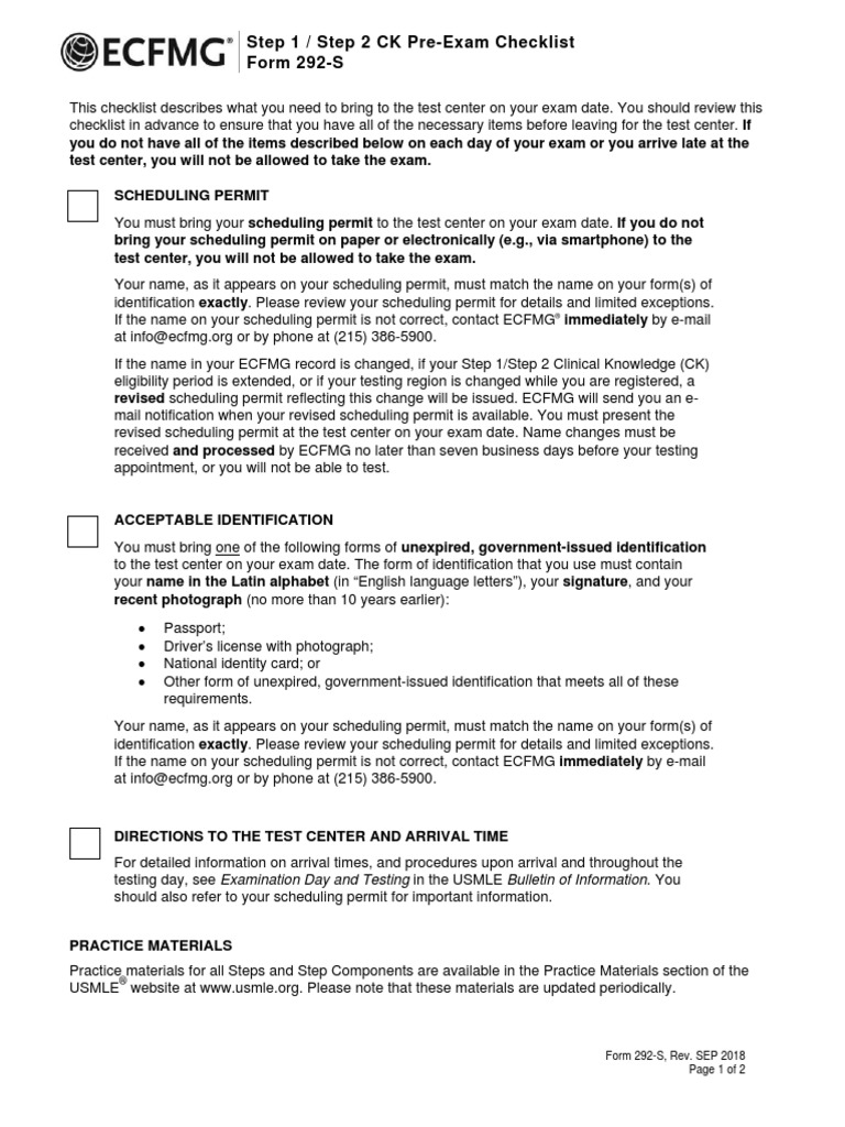 Step 1 / Step 2 CK PreExam Checklist Form 292S PDF United States Medical Licensing Examination