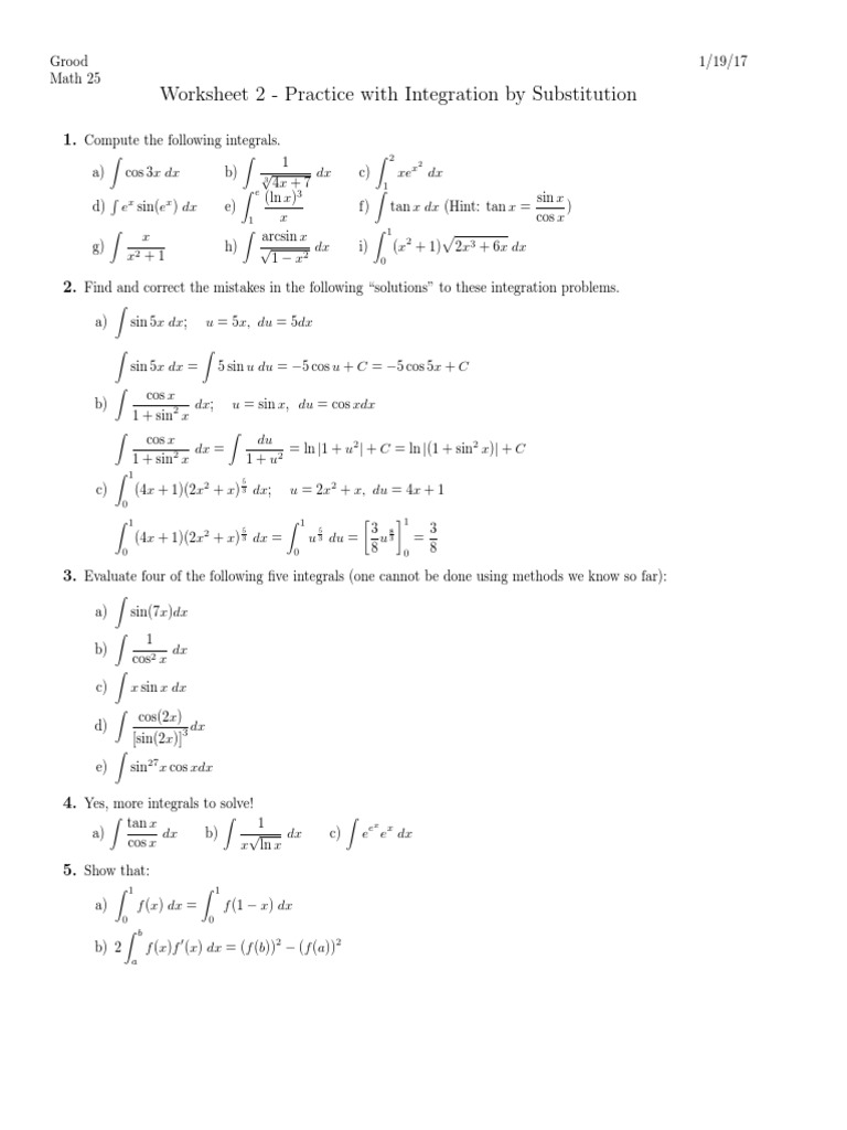 Worksheet 2 - Practice With Integration by Substitution | PDF ...