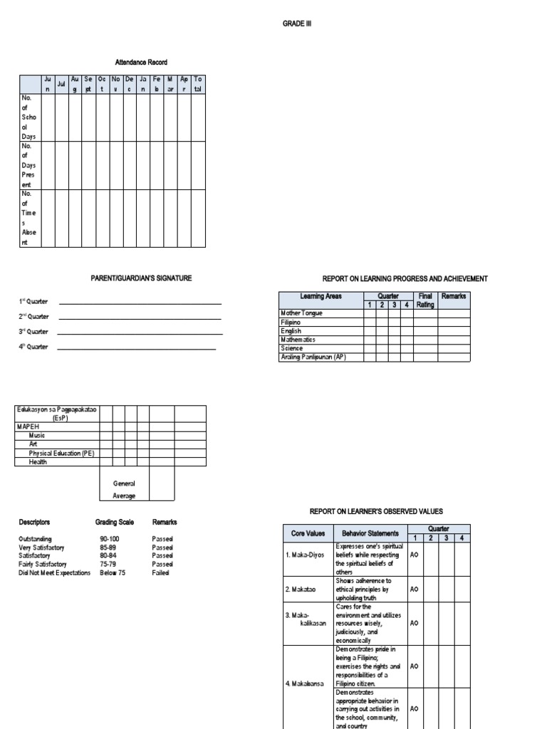 Form 138 REPORT CARD GR III | PDF | Physical Education | Teachers