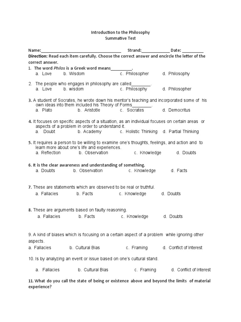 Grade 12 Philosophy Summative Test | PDF | Knowledge | Socrates