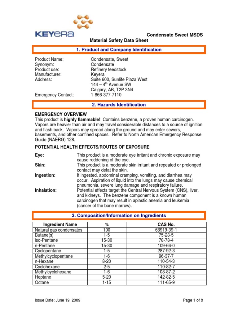 Product and Company Identification: Condensate Sweet MSDS Material ...