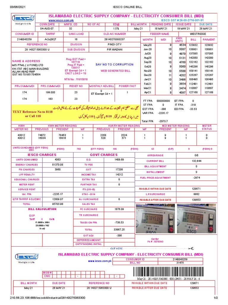 Islamabad Electric Supply Company Electricity Consumer Bill (Mdi) PDF Fee Taxes