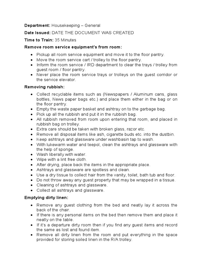 SOP Housekeeping Prepare Guest Room For Cleaning PDF