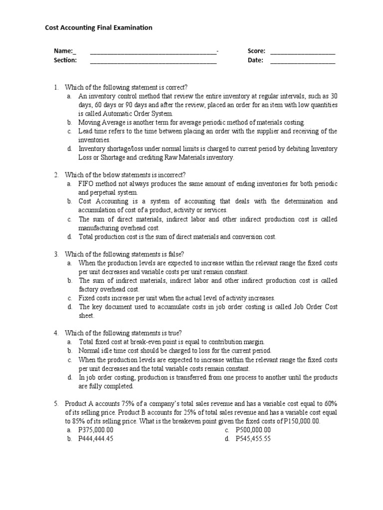 Cost Accounting Final Exam Questions | PDF | Cost Of Goods Sold | Inventory