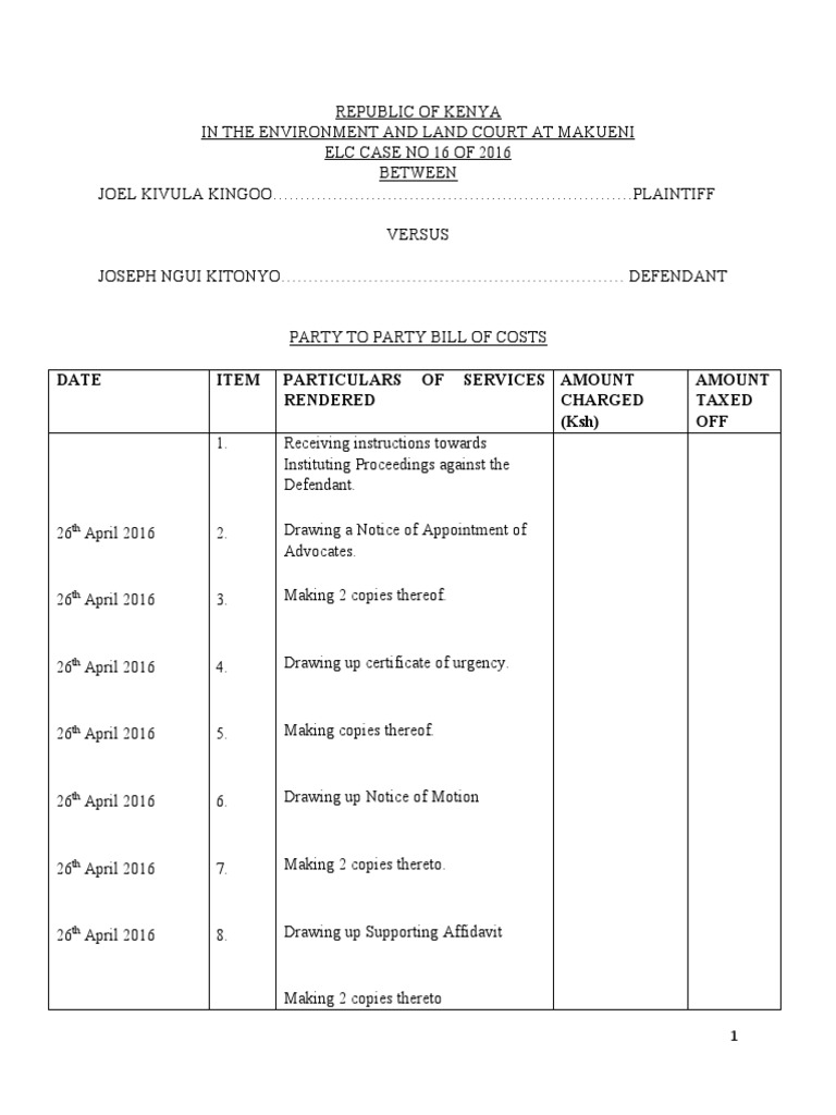 Party To Party Bill of Costs PDF Affidavit Separation Of Powers