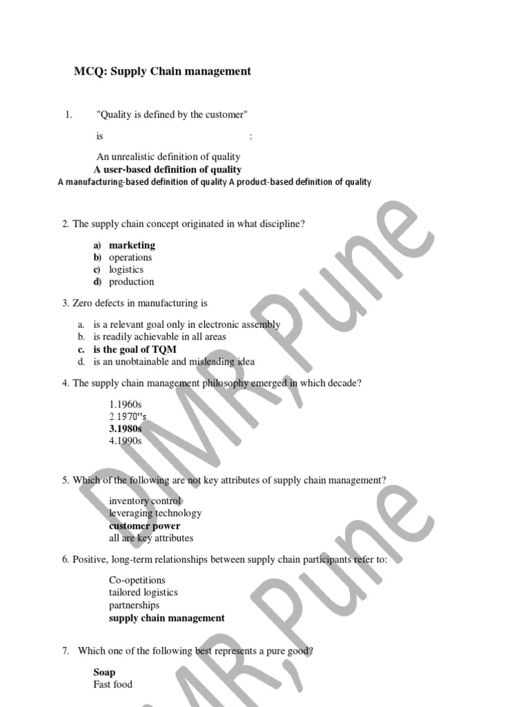 MCQ Supply Chain Management A UserBased Definition of Quality PDF