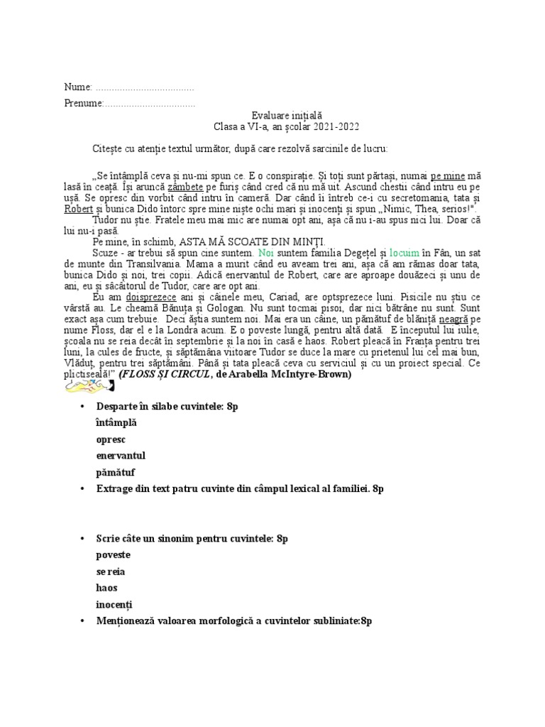 Test Initial Clasa A Vi A | PDF