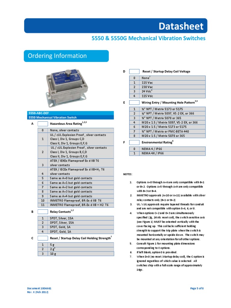 Datasheet Ordering Vibration Switch Metrix Model 5550 PDF Switch